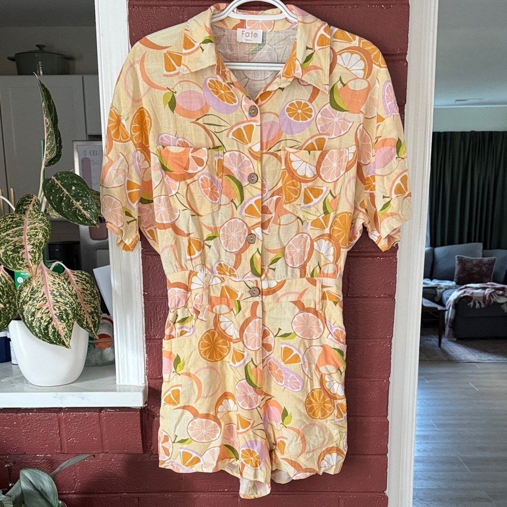Fate Citrus-Print Playsuit Romper in Peach, Orange & Green Small